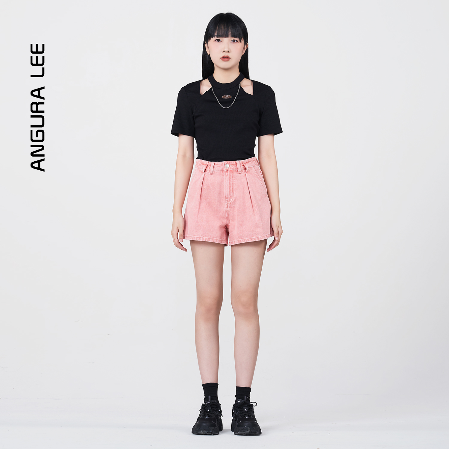 春夏新款經典水洗粉紅女裝高腰短褲