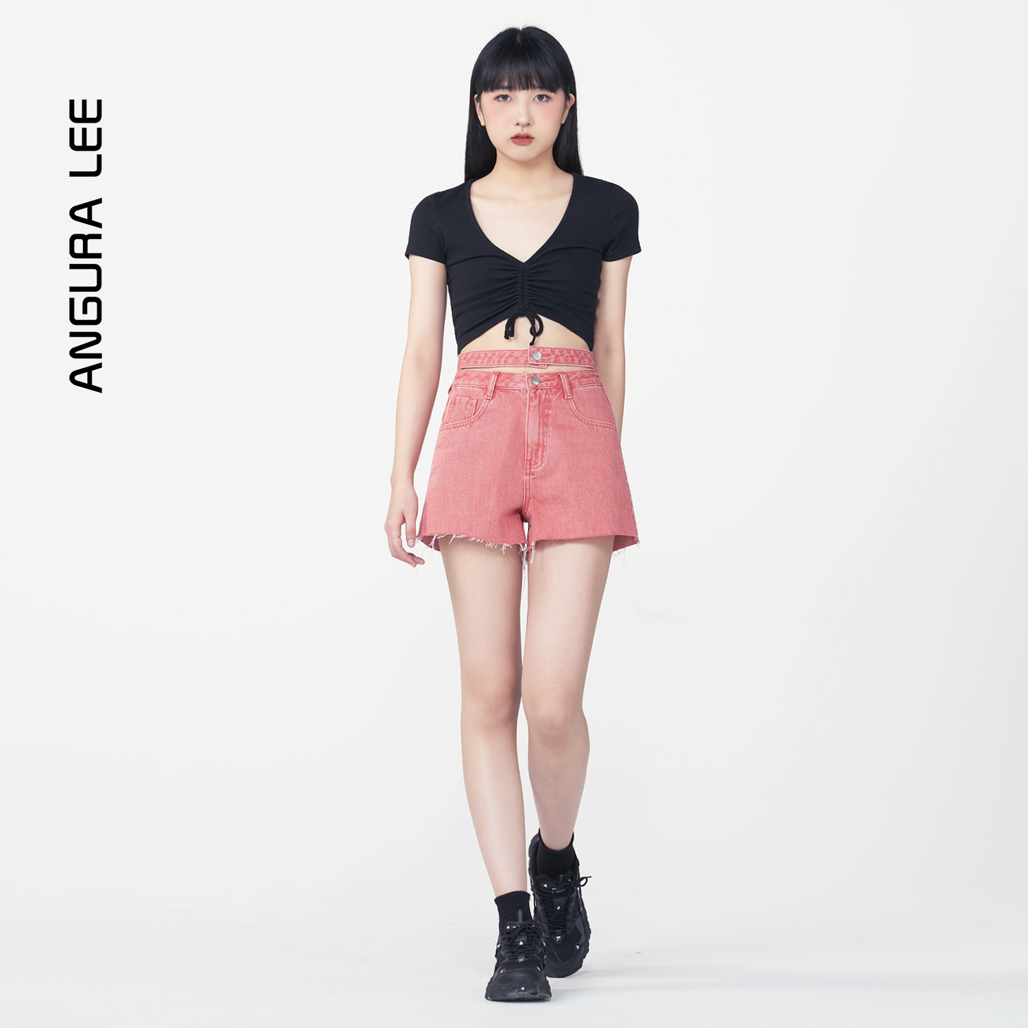 春夏新款經典水洗粉紅色女裝高腰牛仔短褲